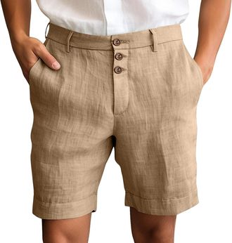 Generic Mens Linen Slim Fit Shorts Mens Button Up Shorts Business Formal Short Classic Solid Color Short Breathable Beach Pants Wedding Party Half Pants Comfo