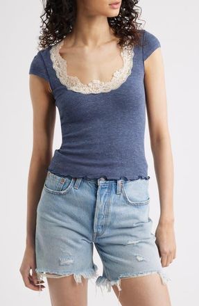 Free People Oh My Darling Lace Trim Top in Heather Blue at Nordstrom, Size X-Small