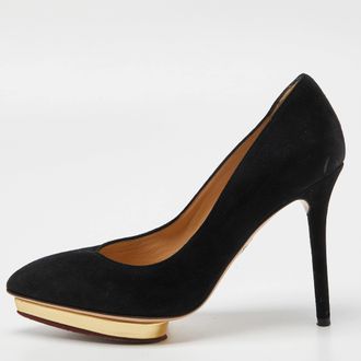 Charlotte Olympia Black Suede Dotty Platform Pumps