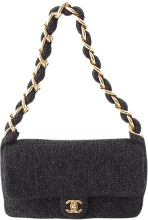 Chanel Pre-owned Vintage Quilted Tweed Flap Shoulder Bag - Dames - Vintage Schoudertas - Zwart - ONE Size - Tweed - Vintage