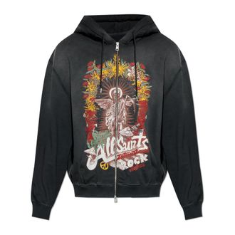 AllSaints Zip-throughs, male, Black, Size: XS Roque Zip Up Graphic Hoodie