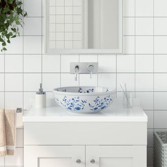 Berkfield Home Countertop Basin White & Blue Round OE&para;41x14 cm Ceramic | Size: 41x14 cm
