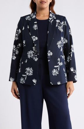 Tahari by ASL Floral One-Button Jacket in Navy Ivory at Nordstrom, Size 16 W