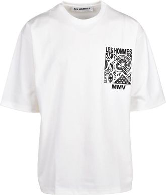 Les Hommes White Graphic Print Cotton-Blend T-Shirt