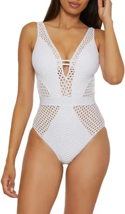 BECCA by Rebecca Virtue Castaway Plunge One-Piece Swimsuit in White at Nordstrom, Size Medium