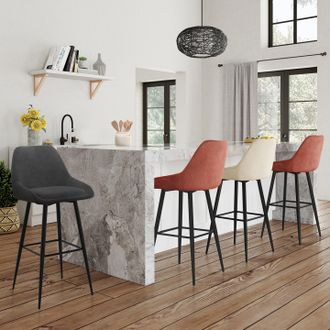 IDMarket Juego De 4 Taburetes De Bar Thalya En Mezcla De Terciopelo Color Gris Oscuro, Terracota X2, Beige Con Medios Reposabrazos