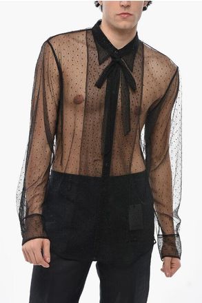 Dsquared2 Sheer Tie Neck Shirt with Rhinestones All-Over size 52