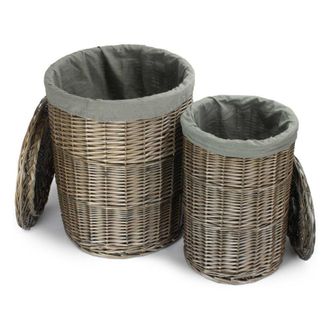 Red Hamper Set of 2 Antique Wash Round Linen Basket with Grey Sage Lining