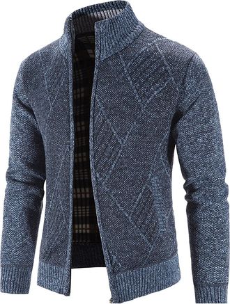 Generic Mens Coats Mens Knitted Cardigan Thick Sweater Full Zip Stand Collar Warm Jumper Fleece Lined Winter Coat Mens Fleece Thermal Fleece Lined Sweater Car