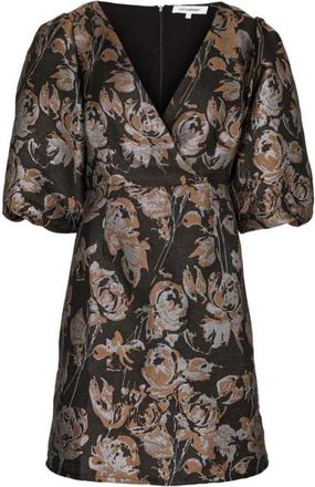 Co'Couture Stella Jacquard Jurk met Pofmouwen en V-hals - Dames - Korte kleedjes - Zwart - M - Kleedjes