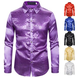 Generic Mens Shiny Sequin Shirts Sparkly Vintage 70s Disco Outfits for Men Metallic Sequin Top for Men Glitter Dress Shirt Slim Fit Button Down Rave Shirts We