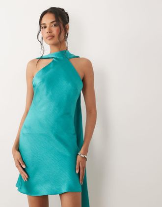 Tfnc Vestito corto in raso blu ottanio con dettaglio a foulard
