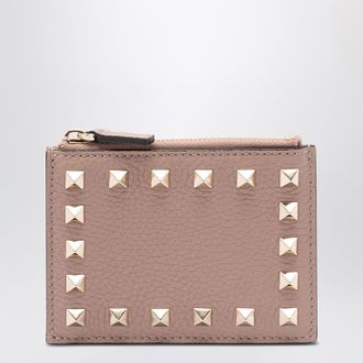 Valentino Garavani Rockstud zipped card holder in powder pink leather