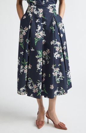 Erdem Floral Pleated Organic Cotton Poplin Midi Skirt in Painted Orchid Navy at Nordstrom, Size 10 Us