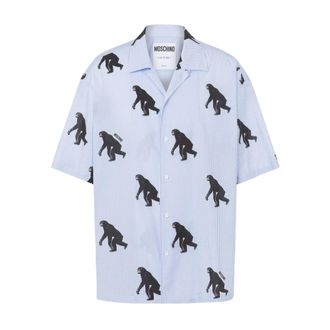 Moschino Short Sleeve Shirts, male, Blue, Size: L Blue Striped Graphic Print Shirt