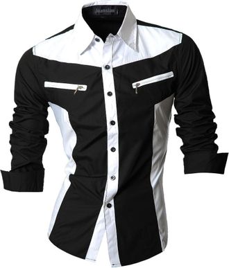 Jeansian Casual Button-Down Shirts Long Sleeve Print Dress Shirts K018_Black_L
