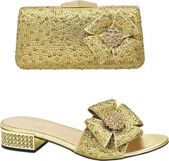 Generic Womens Low Heels Slip On Sandals and Full Rhinestone Sparkly Handbag Matching Set for Wedding Bride Party