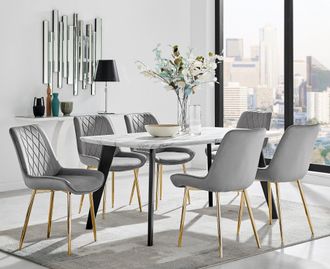 Furniturebox Andria Marble Effect Dining Table With Black Legs & 6 Pesaro Velvet Gold Leg Chairs in Grey