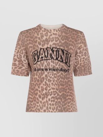Ganni leopard-print wool short-sleeve crewneck knitted top