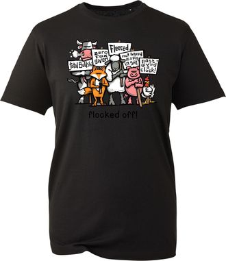 Generic Farm Animals Protest Graphic T-Shirt, Flocked Off Sarcastic Vegan Slogan Tee, Political Satire Awareness Top UK (Black, L)