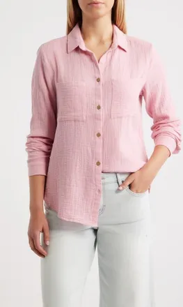 Beach Lunch Lounge Micaela Cotton Button-Up Shirt in Flamingo Rose at Nordstrom, Size X-Small