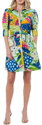 Ciebon Stormi Print Ruched Cotton Shirtdress in Light Yellow Multi at Nordstrom, Size X-Small