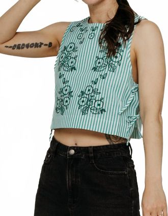 The Tiny Big Sister Striped Embroidered Top In Off-White/emerald