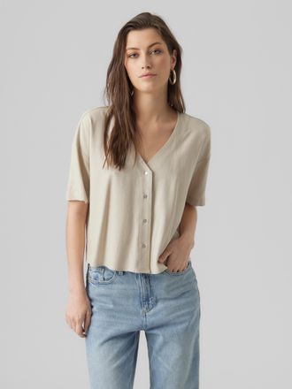 Vero Moda Kurzarmshirt VERO MODA VMJESMILO 2/4 SHIRT WVN GA NOOS, Damen, Gr. XL (42), silber lining, Web, Obermaterial: 55% Viskose, 45% Leinen, figurumspielend