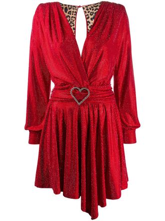Philipp Plein deep v-neck draped dress - women - Polyester/Polyester/Spandex/Elastane/Spandex/Elastane/glass - S - Red