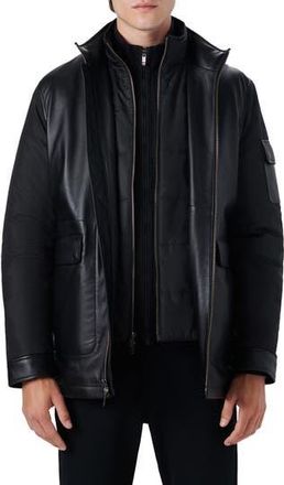 Bugatchi Full Zip Leather Bomber Jacket with Removable Bib in Caviar at Nordstrom Rack, Size Medium