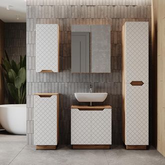 Vicco Juego De Muebles De Ba&ntilde;o Lotta, Roble/blanco Con Estructura De Azulejos, 5 Partes, Vicco