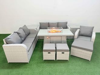 Fimous 10 Seater Poly Rattan Outdoor Garden Furniture Firepit Dining Table Sofa Set Patio 3 Seater Sofa Reclining Chair 3 Seater Sofa 3 Stools 2 Side
