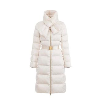 Elisabetta Franchi Jassen, Dames, Beige, M, Leer, Donzen Jas in Jacquard Voile Stof