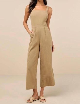 Lulus Lucky For Me Cotton Sleeveless Cropped Jumpsuit In Beige