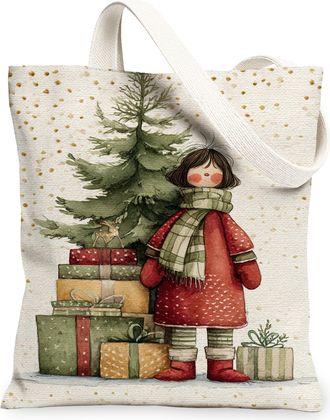 Generic Winter Canvas Tote Bags, Cute Girl Design Reusable Shopping Bags, Vintage Forest Pattern Lightweight Washable Shoulder Stra, Red, 13x15 Inch