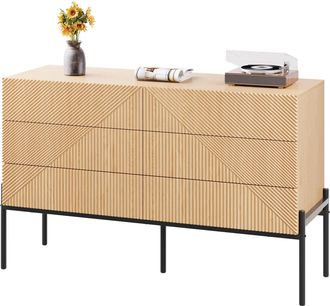 STILVORA Aparador Con 6 Cajones Y Patas De Metal, Frontal 3d Geom&eacute;trico, Estilo Moderno, En Mdf, Natural, 115,5&times;38&times;75 Cm
