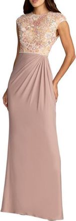 Mac Duggal Embroidered Jersey Cap Sleeve Column Gown in Taupe Multi at Nordstrom, Size 10