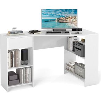 Costway Scrivania ad Angolo per Computer 120 x 60 cm, Scrivania a Forma di L con Ripiani e Cassetto, Scrivania Angolare Gaming Salvaspazio per