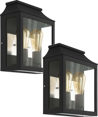 Loops 2 PACK IP44 Outdoor Wall Light Black Aluminium Glass Box 60W E27 Porch Lamp