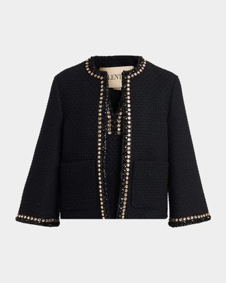 Valentino Garavani Crystal-Trim Wool Jacquard Open Coat
