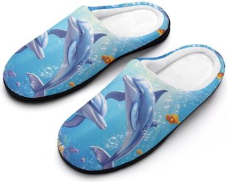 Generic Clownfish Dolphins Bubble Coral Mens Slippers Slip On Comfortable Fleece Cotton House Shoes Winter