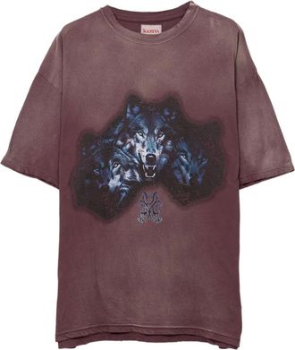 Bows & Arrows Gerafeld T-shirt met wolfprint - Bruin