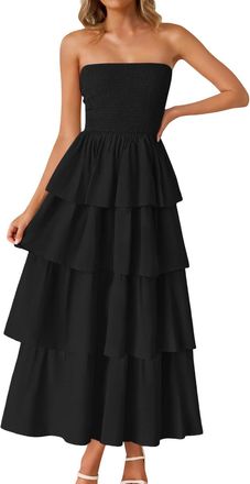 Generic Women Summer Bandeau Maxi Dresses Boob Tube Tiered A Line Boho Beach Dress Ladies Elegant Backless Smocked Prom Formal Dress Bohemian Beach Flowy Long