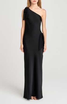 Wayf x Sara Walker Audrey One-Shoulder Washed Satin Maxi Dress in Black at Nordstrom Rack, Size Large