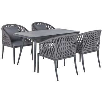 Beliani Conjunto De Comedor De Jard&iacute;n 4 Plazas Metal Gris Aluminio Acabado Mate Mesa Exterior 4 Sillas Con Cojines Moderno Lipari