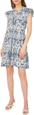 Halogen Flutter Cap Sleeve Tiered Dress in Blue Multi at Nordstrom Rack, Size X-Large