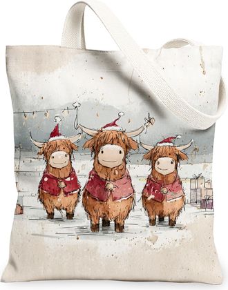 Generic Christmas Highland Cattle Canvas Tote Bags, Cute Animal Print Reusable Grocery Bags, Vintage Lightweight Washable Shoulder, Beige, 13x15 Inch