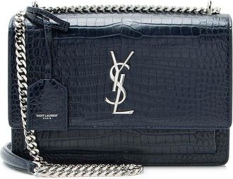 Saint Laurent Blue Croc-Embossed Calfskin Monogram Sunset Medium Shoulder Bag (Authentic Pre-Loved)