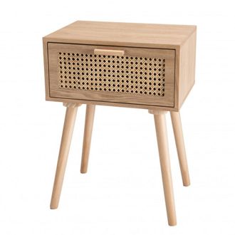 Macabane Mesa de noche de pino color natural con 1 caj&oacute;n rejilla