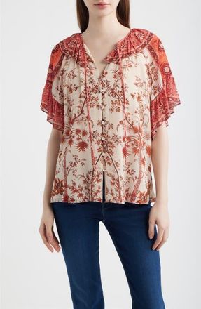 Kobi Halperin Verity Floral Print Flutter Sleeve Top in Bright Coral Multi at Nordstrom, Size X-Large